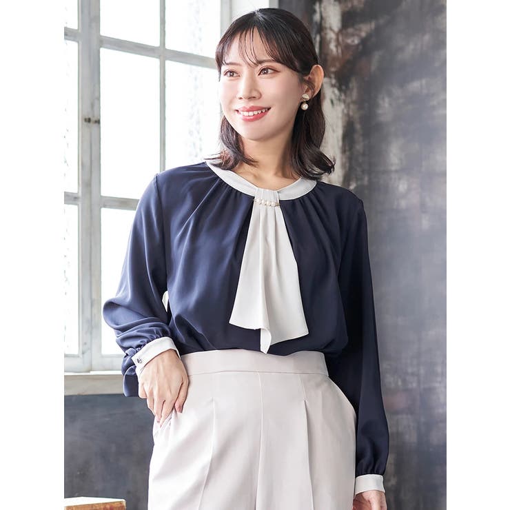 紺 | 【マルチWAY】ラクケア パールアクセサリー付きボウタイブラウス | Re-J＆SUPURE
