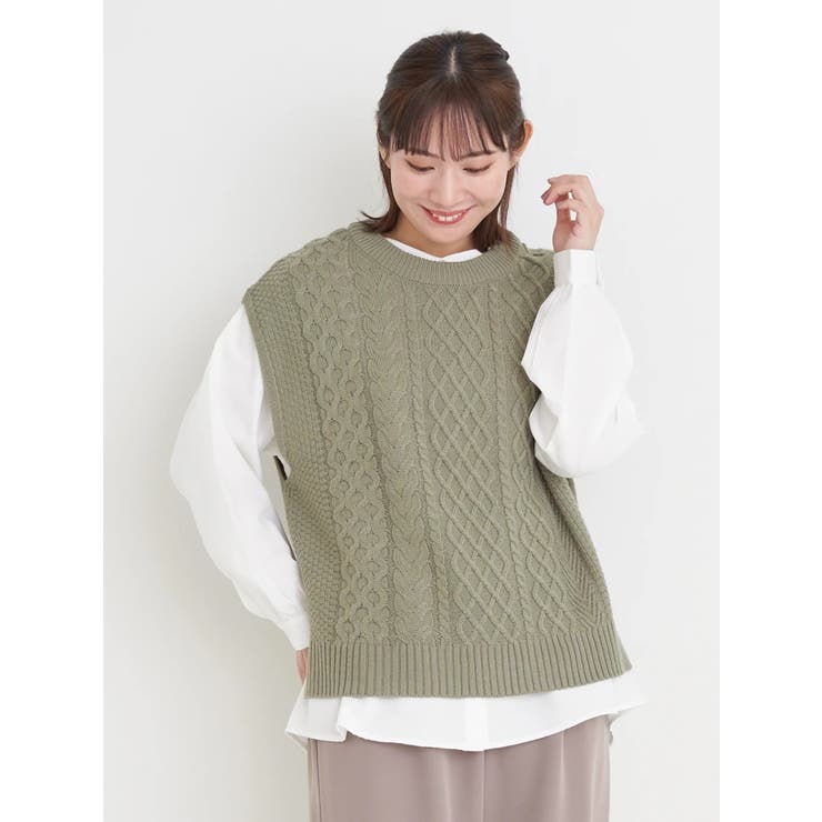 カーキ | [SET]ケーブルニットベスト×バンドカラーシャツ | Re-J＆SUPURE