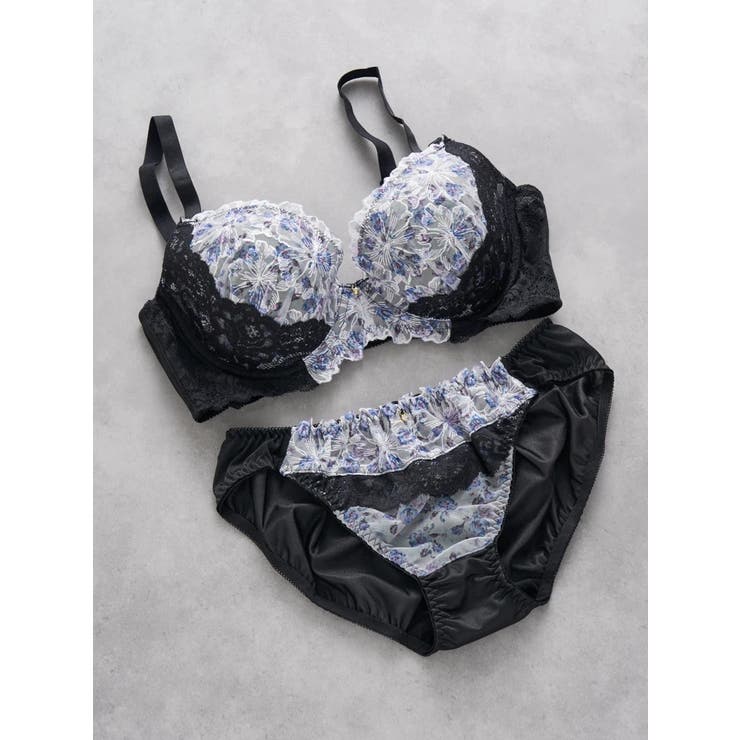 黒 | [D85-I95］【脇高】フェミニンプリントブラ＆ショーツ(モールドカップ) | Re-J＆SUPURE