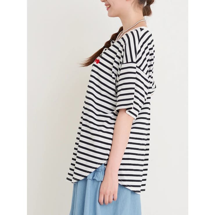 チェリー刺繍Tシャツ（無地・ボーダー柄）[品番：PLMW0014624