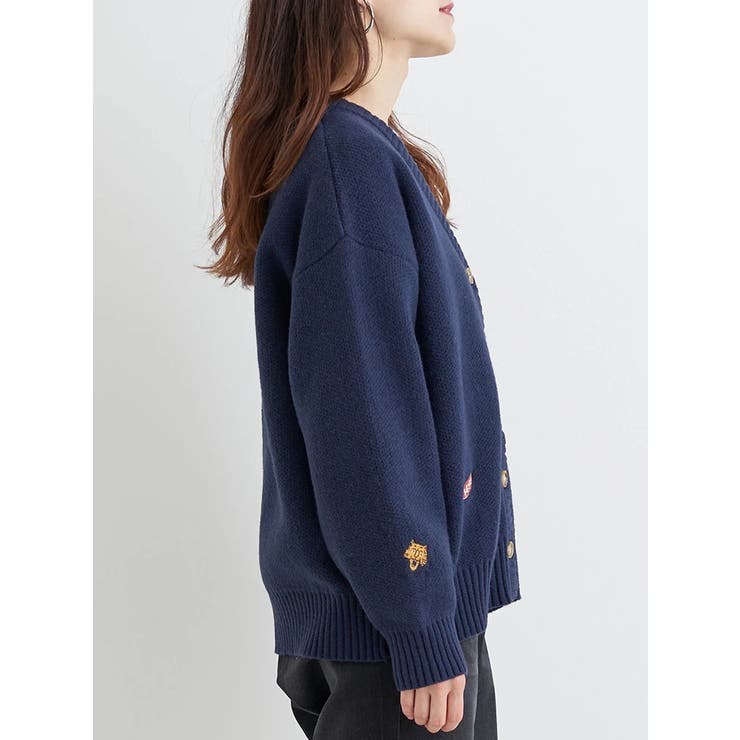 黒と青のニットカーディガン サガラ刺繍ワッペンニットカーディガン[品番：PLMW0015016]｜Re