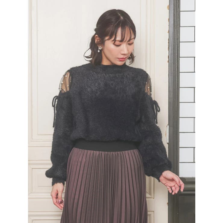 黒 | ショルダーチュールフェザーニット | Re-J＆SUPURE