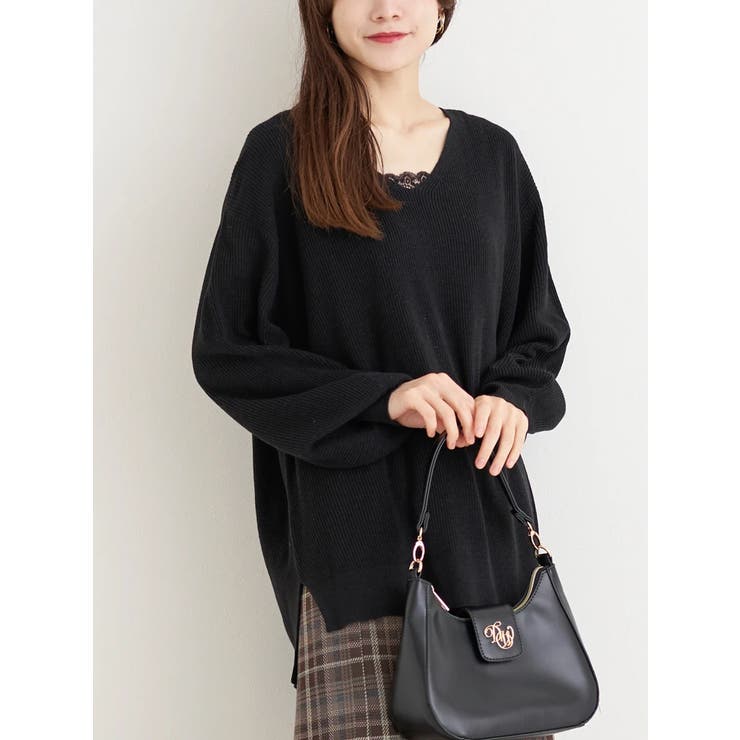 黒 | 畦編み袖ボリュームニットトップス | Re-J＆SUPURE