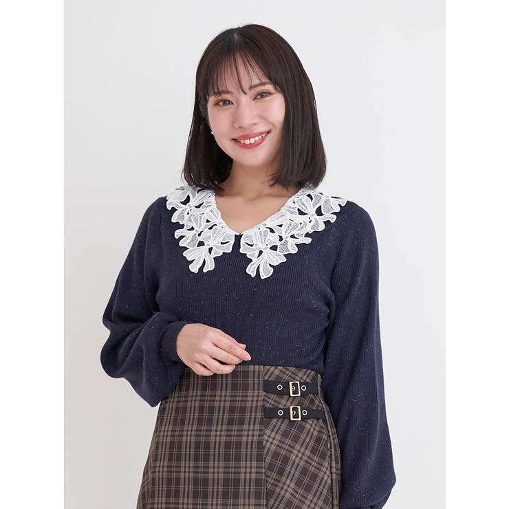 紺 | レース襟ニットトップス | Re-J＆SUPURE