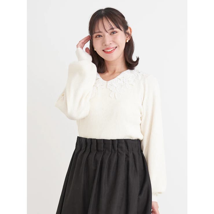 オフホワイト | レース襟ニットトップス | Re-J＆SUPURE