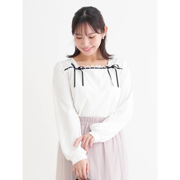 オフホワイト | レース×リボンスクエアネックトップス | Re-J＆SUPURE