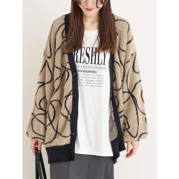 ベージュ | ラインジャガードフェザーニットカーディガン | Re-J＆SUPURE