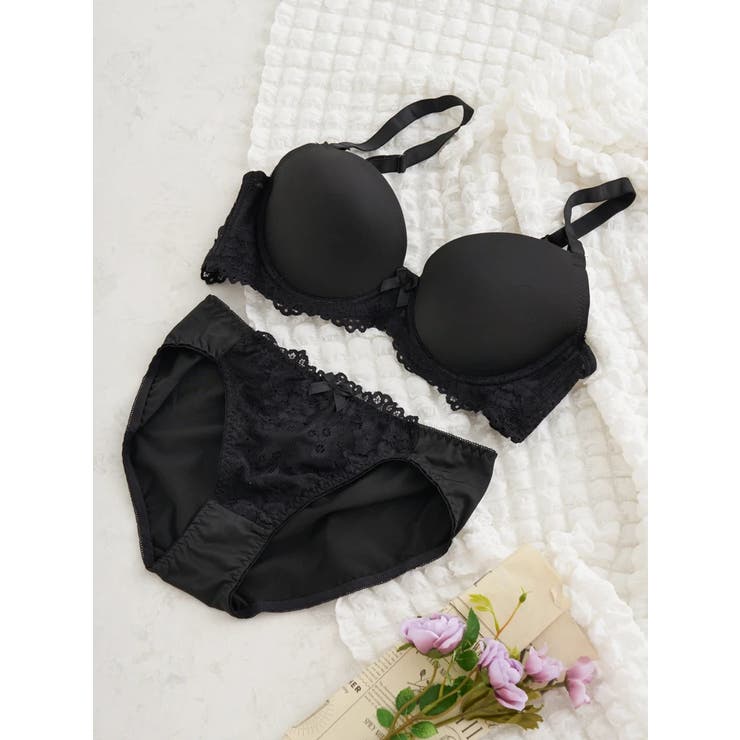 黒 | 【脇高】[D85-I95］スカラップレースブラ＆ショーツ(モールドカップ) | Re-J＆SUPURE