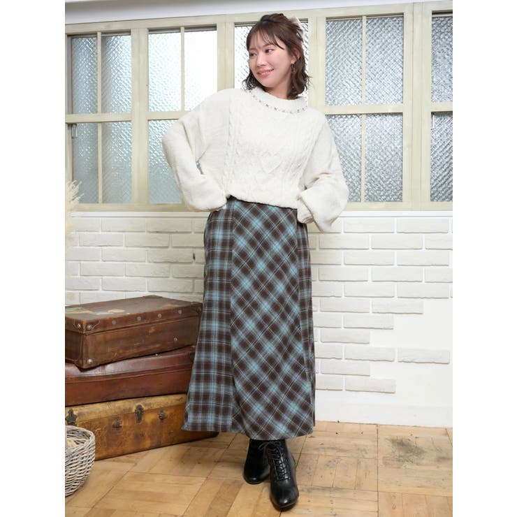 バイアス切り替えチェック柄Aラインスカート[品番：PLMW0015324]｜Re