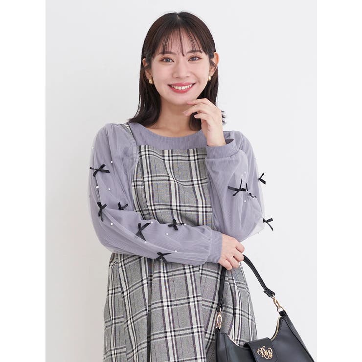 青 | 袖リボン×パールリブトップス | Re-J＆SUPURE