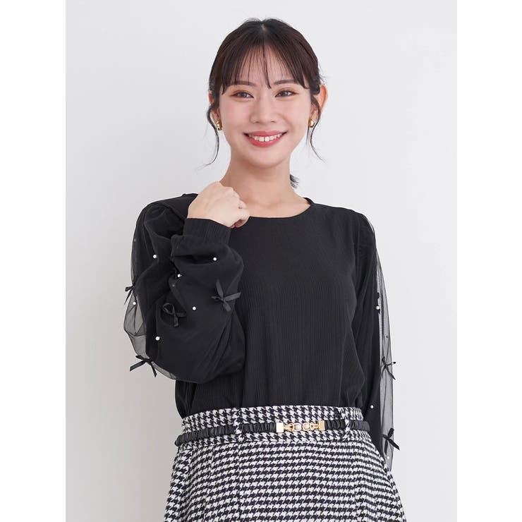 黒 | 袖リボン×パールリブトップス | Re-J＆SUPURE