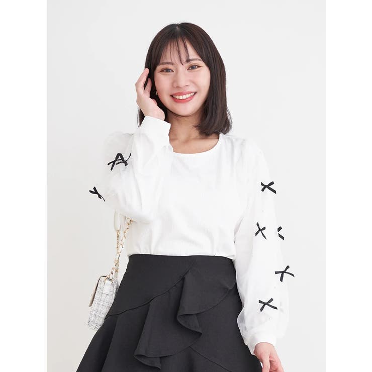 オフホワイト | 袖リボン×パールリブトップス | Re-J＆SUPURE