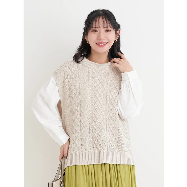 ベージュ | [SET]ケーブルニットベスト×バンドカラーシャツ | Re-J＆SUPURE