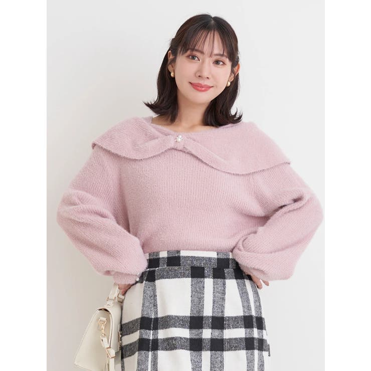 ピンク | リボンオフショルフェザーニットトップス | Re-J＆SUPURE