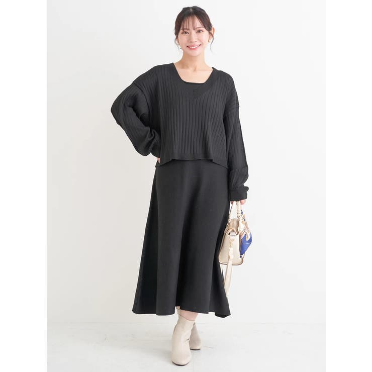 黒 | [SET]Vネックニットトップス×ノースリワンピース | Re-J＆SUPURE