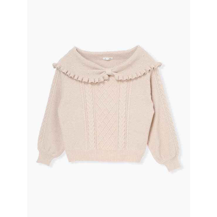 パール付きリボンオフショルケーブルニットトップス[品番：PLMW0015539