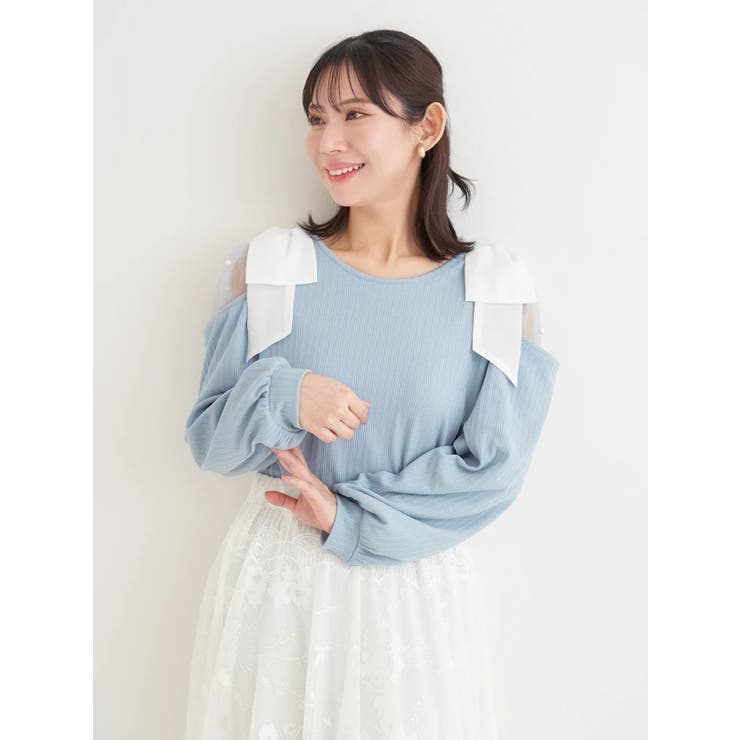 青 | 肩チュールシアーパール付きリボントップス | Re-J＆SUPURE
