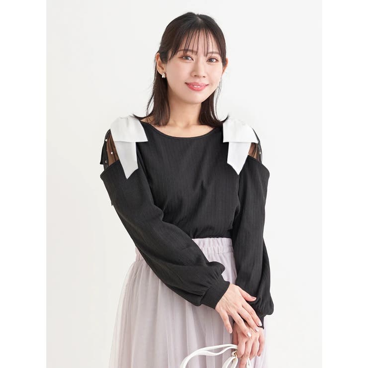 黒 | 肩チュールシアーパール付きリボントップス | Re-J＆SUPURE