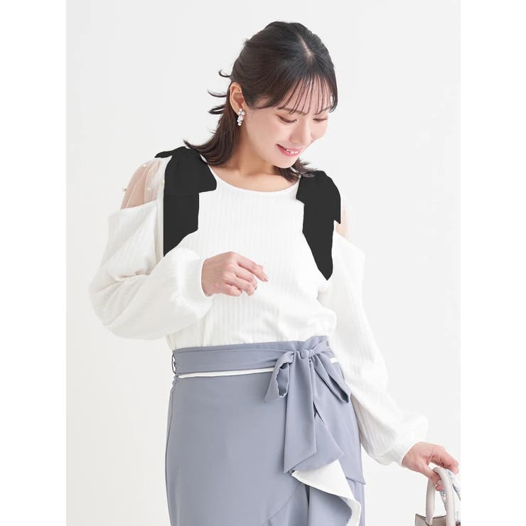 アイボリー | 肩チュールシアーパール付きリボントップス | Re-J＆SUPURE