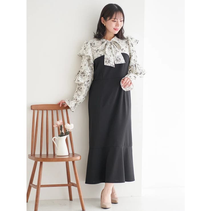 【WEB限定】フリルボウタイブラウスドッキングワンピース（花柄・ドット柄） | Re-J＆SUPURE | 詳細画像2 