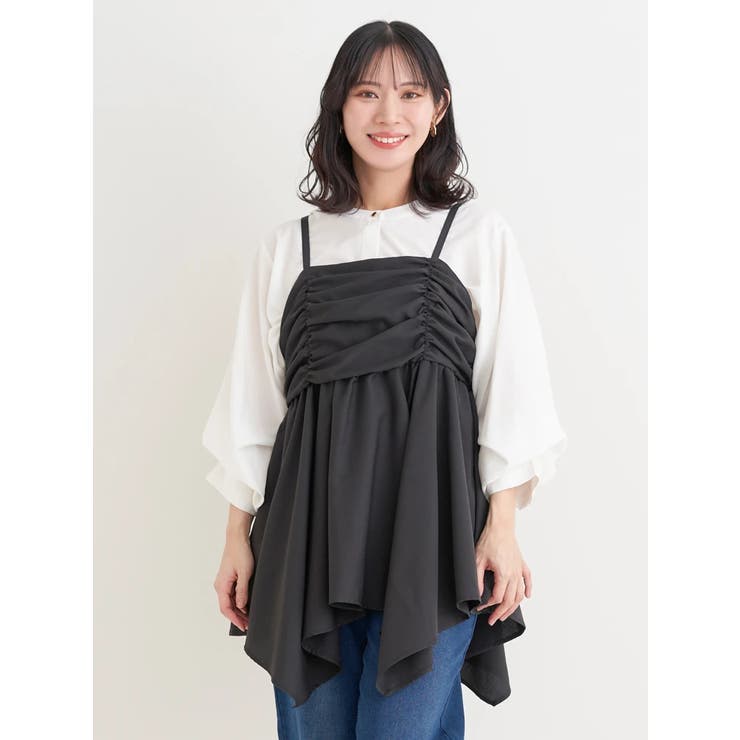 黒 | 【WEB限定】シャーリングヘムキャミソール（無地・チェック柄） | Re-J＆SUPURE