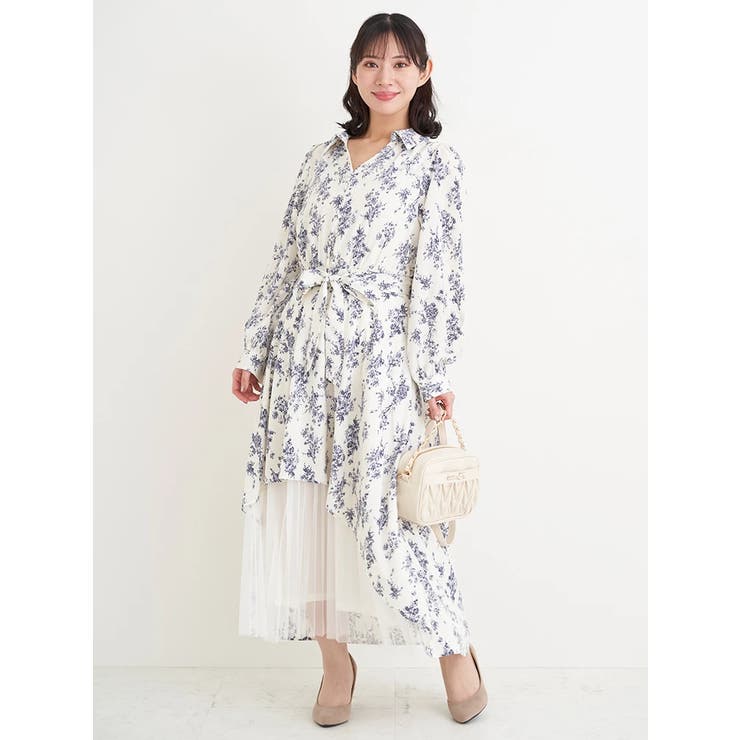 紺 | 裾チュールアシメ切り替え花柄シャツワンピース | Re-J＆SUPURE