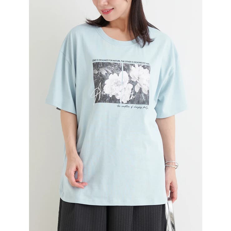 サックス | 【接触冷感・UVカット】フラワーフォト×ロゴ刺繍Tシャツ | Re-J＆SUPURE