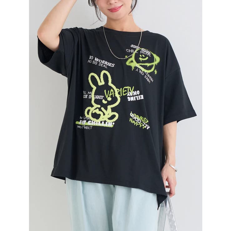 黒 | ウサギ×惑星プリントTシャツ | Re-J＆SUPURE