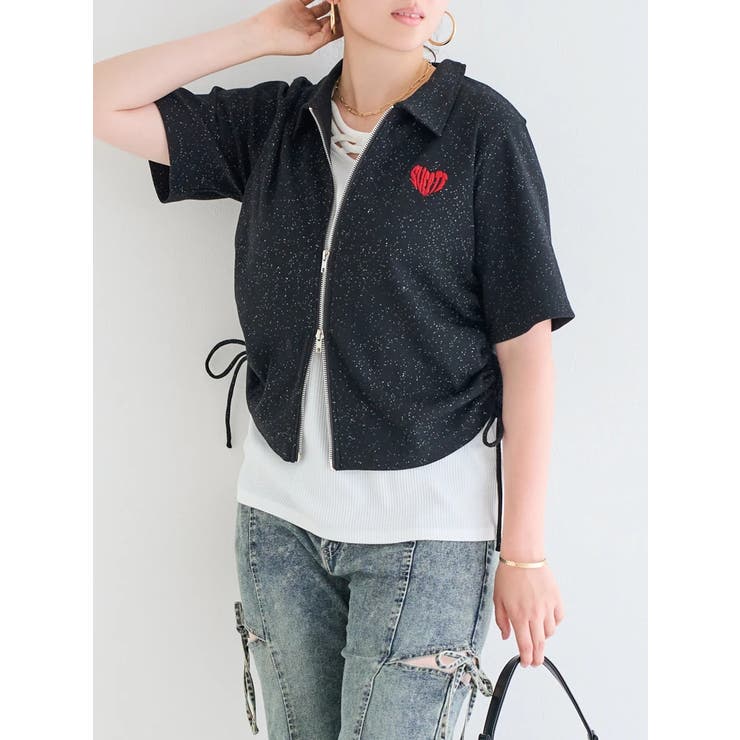 黒 | ハートロゴ刺繍WZIPラメリブカーディガン | Re-J＆SUPURE