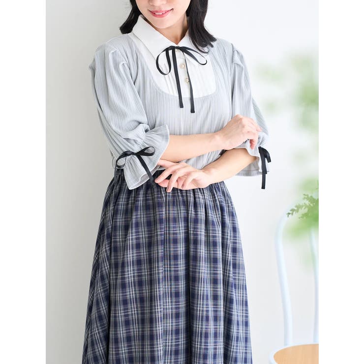 サックス | 【WEB限定】リボンブラウスドッキングチェック柄ワンピース | Re-J＆SUPURE