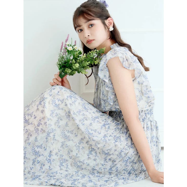 ロマンティックムード漂う】花柄シアーフリルプリーツワンピース