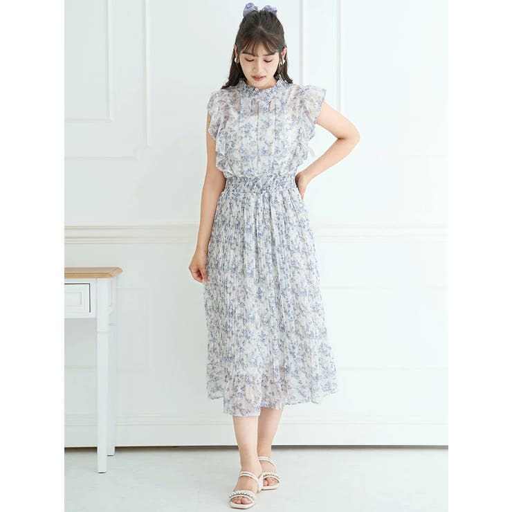 ロマンティックムード漂う】花柄シアーフリルプリーツワンピース