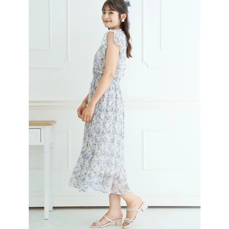 ロマンティックムード漂う】花柄シアーフリルプリーツワンピース