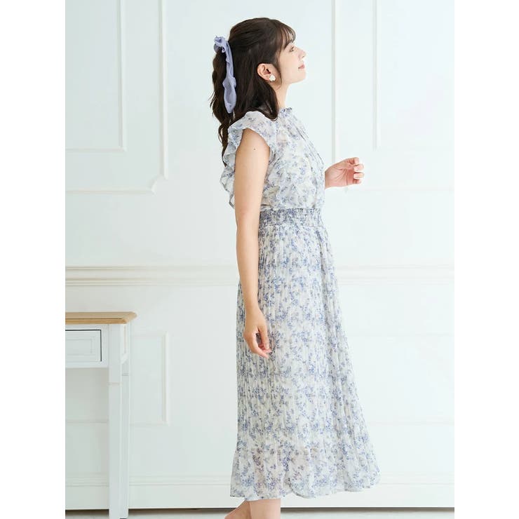 ロマンティックムード漂う】花柄シアーフリルプリーツワンピース