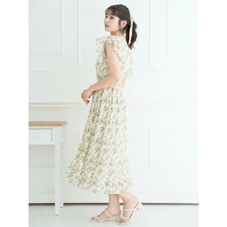 トロワドゥアン 花柄 フリル ワンピース シアー ブルー お呼ばれ ゆったり FREAK'S STORE/チュールフリルワンピース / シアーワンピース