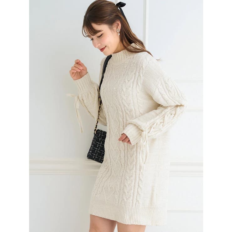 もちもちキラキラ】モールケーブルパールニットワンピース[品番