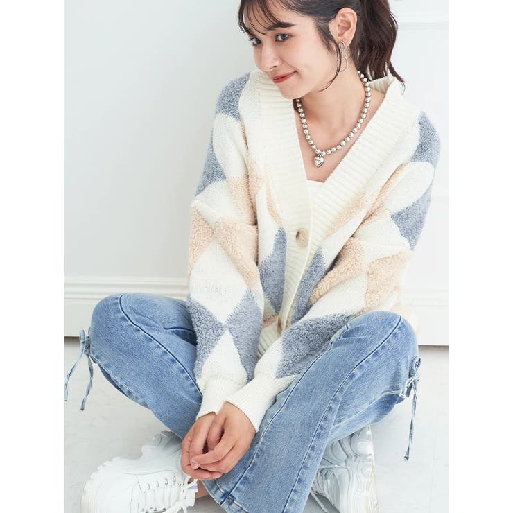 もちもちタッチ】ダイヤ柄Vネックカーディガン[品番：PLMW0012780