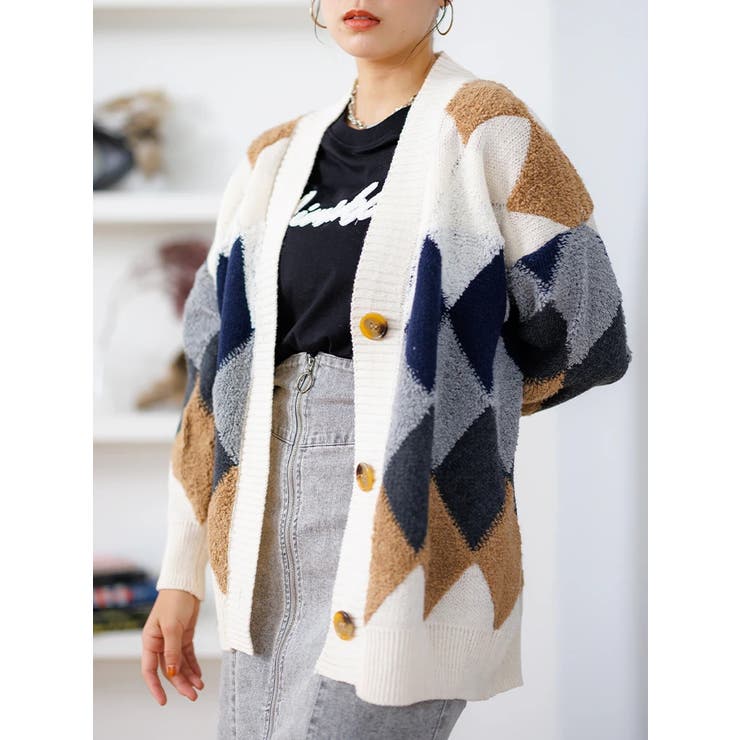 もちもちタッチ】ダイヤ柄Vネックカーディガン[品番：PLMW0012780