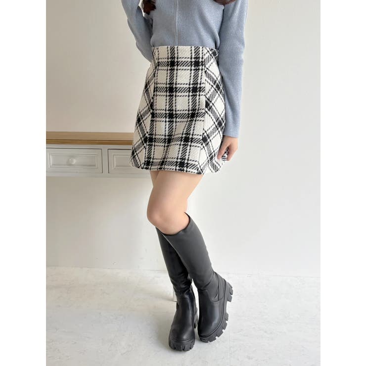 バイアス切り替えツイードチェックミニスカート[品番：PLMW0013248