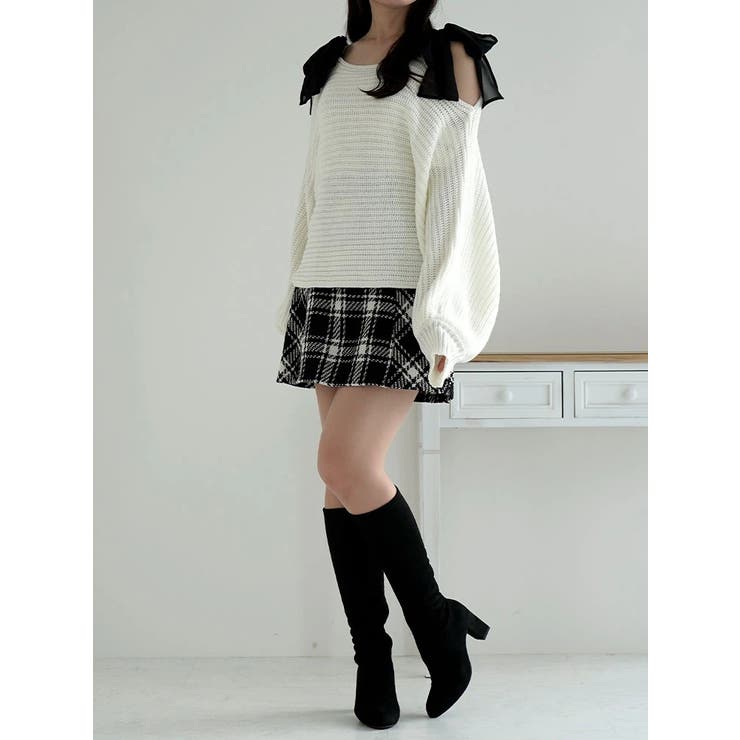 バイアス切り替えツイードチェックミニスカート[品番：PLMW0013248