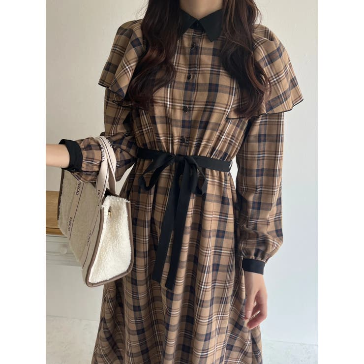 ショルダーケープチェック柄シャツワンピース[品番：PLMW0013071