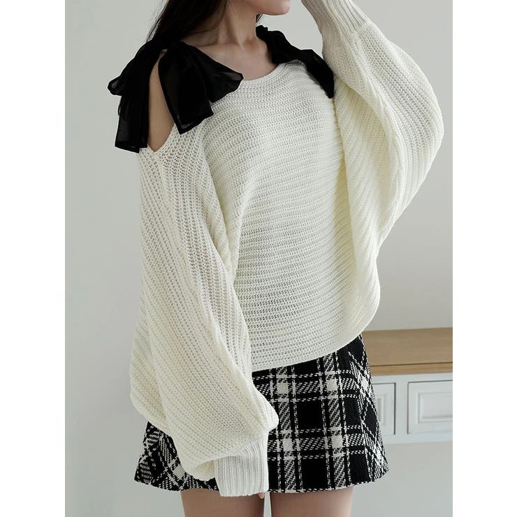 爆買い 英語 ルネ Rene ♡ ビジュー 白 オープンショルダー ニット 肩リボン トップス