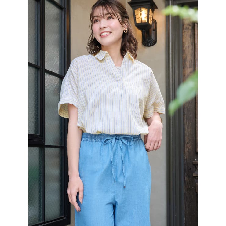 吸水速乾・抗菌防臭・UV】やわさらリネンストライプ柄スキッパー