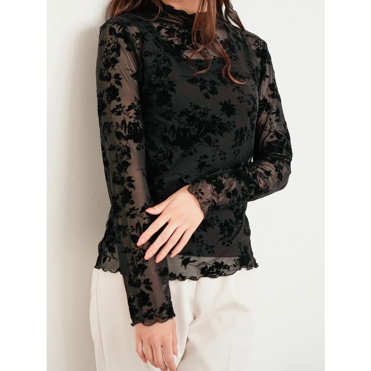 HYEON 花柄フロッキープリントトップス HYEON 花柄フロッキープリントトップス