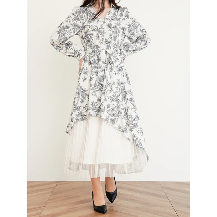 裾チュールアシメ切り替えシャツワンピース（無地/花柄）[品番 