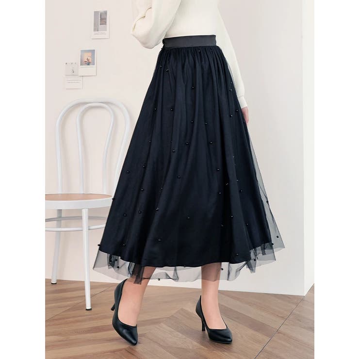 黒 | パール付きチュールロングスカート | LUDIC PARK