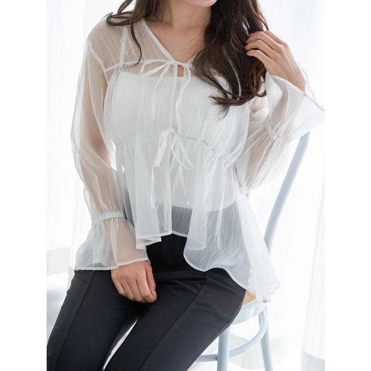 白 | シャーリングリボンブラウス | LUDIC PARK