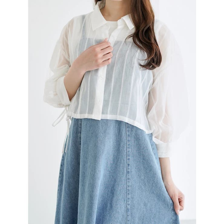白 | 袖ドロストストライプショート丈シャツ | LUDIC PARK
