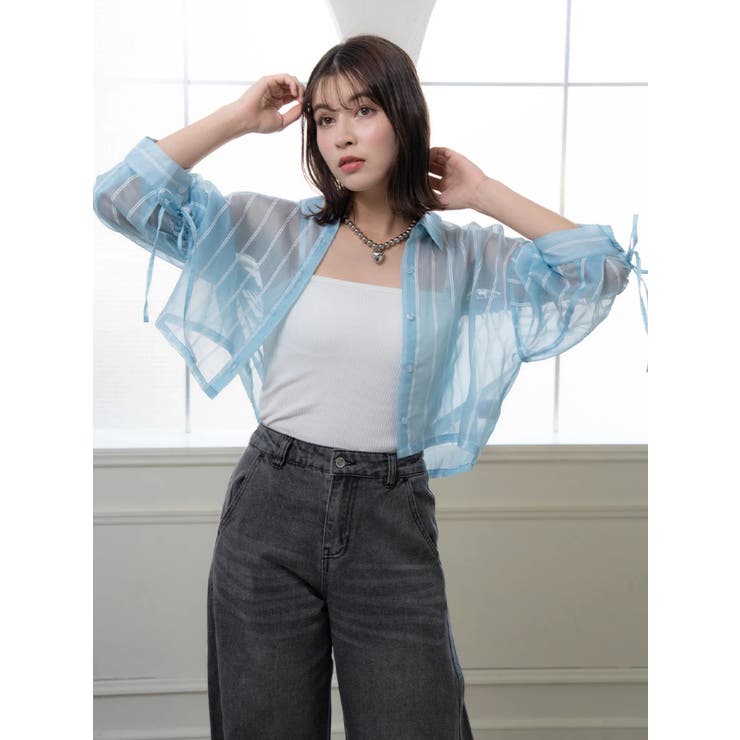 サックス | 袖ドロストストライプショート丈シャツ | LUDIC PARK