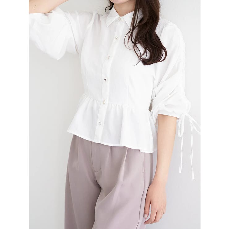 白 | 多種ボタン袖ドロストペプラムシャツ | LUDIC PARK